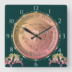 7th Wedding Anniversary Coppery Heart Emblem  Square Wall Clock