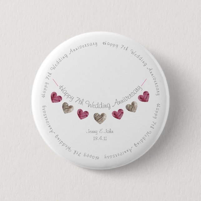 7th wedding anniversary wool heart bunting 2 inch round button (Front)