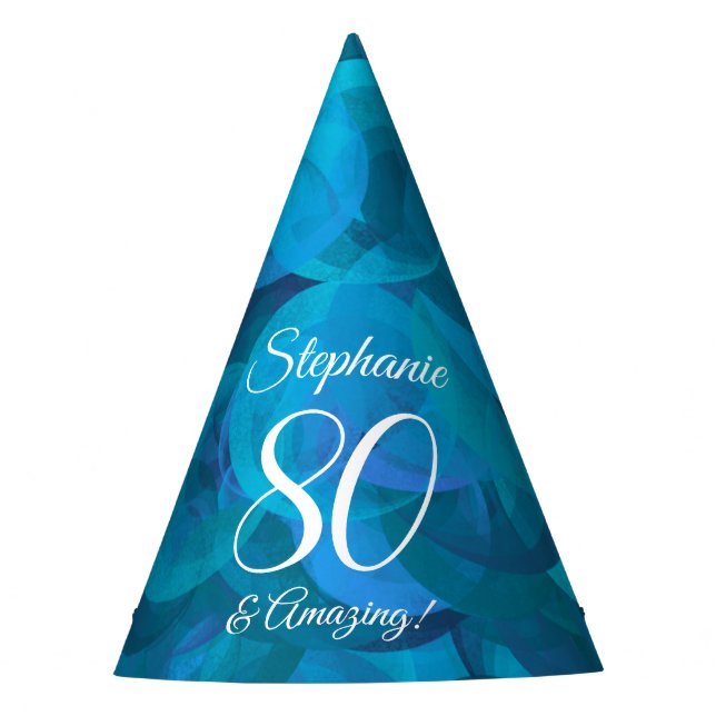 80 and Amazing Elegant Ocean Blue Birthday Party Hat (Front)