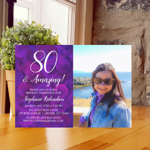 80 and Amazing Elegant Purple Photo Birthday Invitation