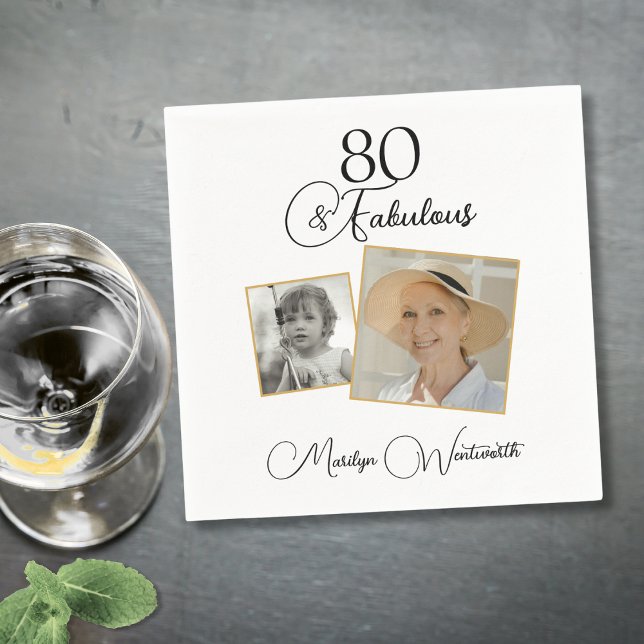 80 and Fabulous 80th Birthday Black Script Photo Napkin (Creator Uploaded)
