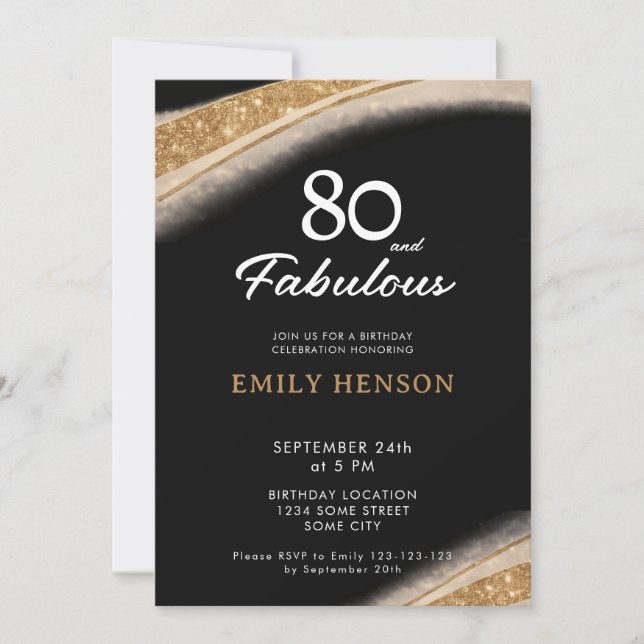 80 and Fabulous Black Gold Birthday Invitation (Front)