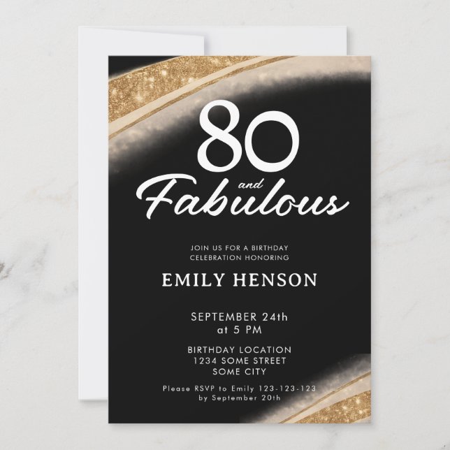 80 and Fabulous Black Gold Birthday Invitation (Front)