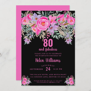 80 and fabulous black pink 80th birthday invitation