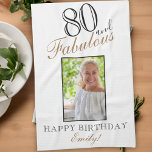 80 and Fabulous Elegant 80th Birthday Photo Kitchen Towel<br><div class="desc">80 and Fabulous Elegant 80th Birthday Photo kitchen towel. Elegant script in black and golden colours. Add your name and photo.</div>