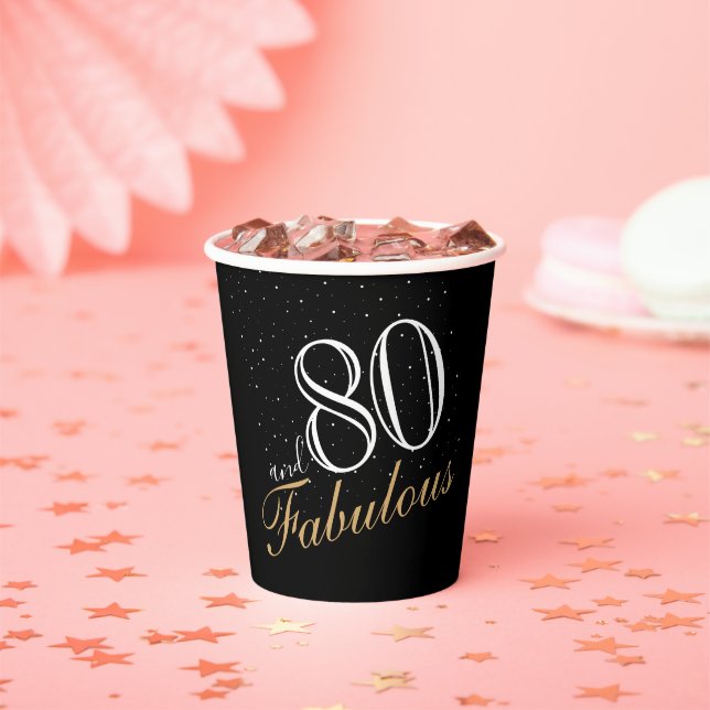 80 and Fabulous Elegant White Script Birthday Paper Cups (Insitu)