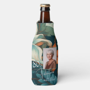 80 and Fabulous Flower Pattern Birthday Photo Bottle Cooler