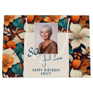 80 and Fabulous Flower Pattern Birthday Photo Large Gift Bag
