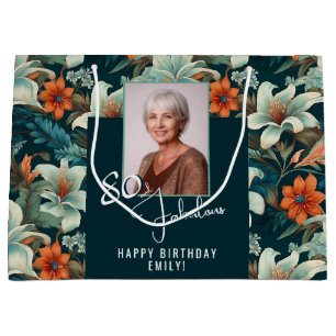 80 and Fabulous Flower Pattern Birthday Photo Large Gift Bag