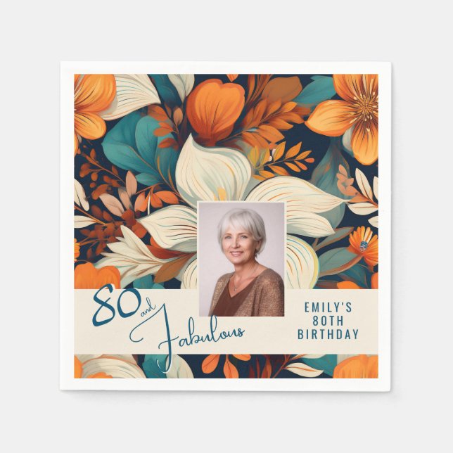 80 and Fabulous Flower Pattern Birthday Photo Napkin (Front)