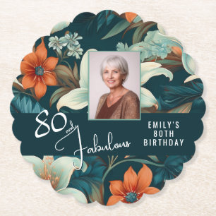 80 and Fabulous Flower Pattern Birthday Photo Paper Coaster