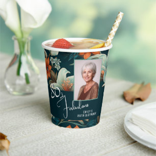 80 and Fabulous Flower Pattern Birthday Photo Paper Cups