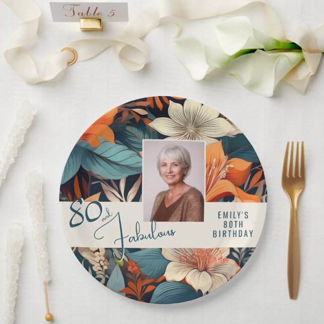 80 and Fabulous Flower Pattern Birthday Photo Paper Plate (Wedding)
