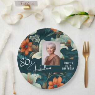 80 and Fabulous Flower Pattern Birthday Photo Paper Plate