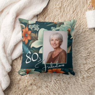 80 and Fabulous Flower Pattern Birthday Photo Throw Pillow