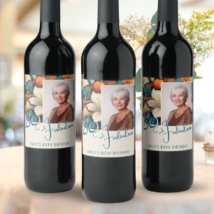 80 and Fabulous Flower Pattern Birthday Photo Wine Label