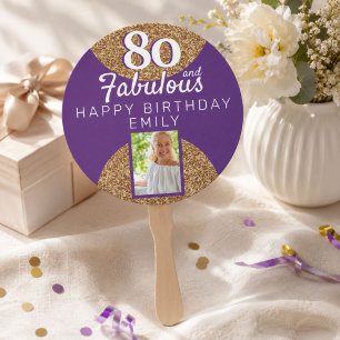 80 and Fabulous Gold Glitter 2 Photo 80th Birthday Hand Fan