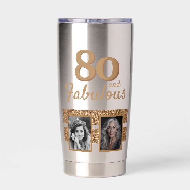 80 and Fabulous Gold Glitter 2 Photo 80th Birthday Insulated Tumbler (Back)