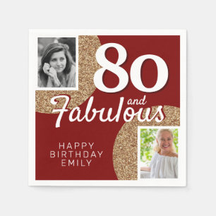80 and Fabulous Gold Glitter 2 Photo 80th Birthday Napkin