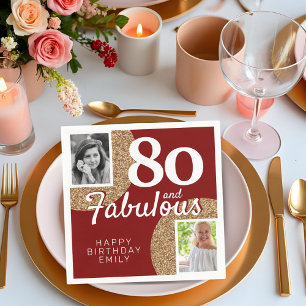 80 and Fabulous Gold Glitter 2 Photo 80th Birthday Napkin