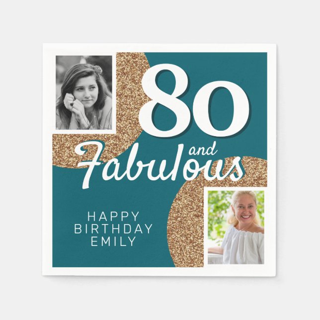 80 and Fabulous Gold Glitter 2 Photo 80th Birthday Napkin (Front)