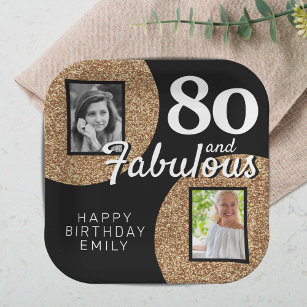 80 and Fabulous Gold Glitter 2 Photo 80th Birthday Paper Plate