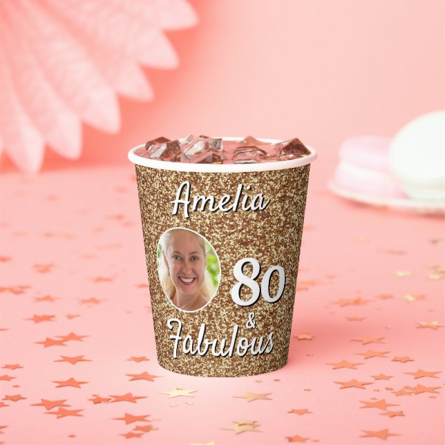 80 and Fabulous Gold Glitter 80th Birthday Photo Paper Cups (Insitu)