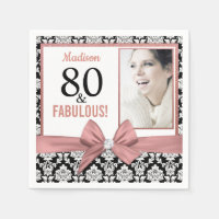 80 and Fabulous Rose gold bow damask 80th Birthday