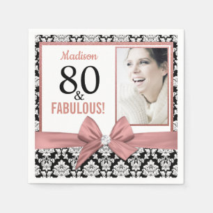 80 and Fabulous Rose gold bow damask 80th Birthday Napkin
