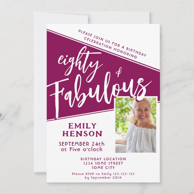 80 and Fabulous Script Magenta Photo 80th Birthday Invitation (Front)