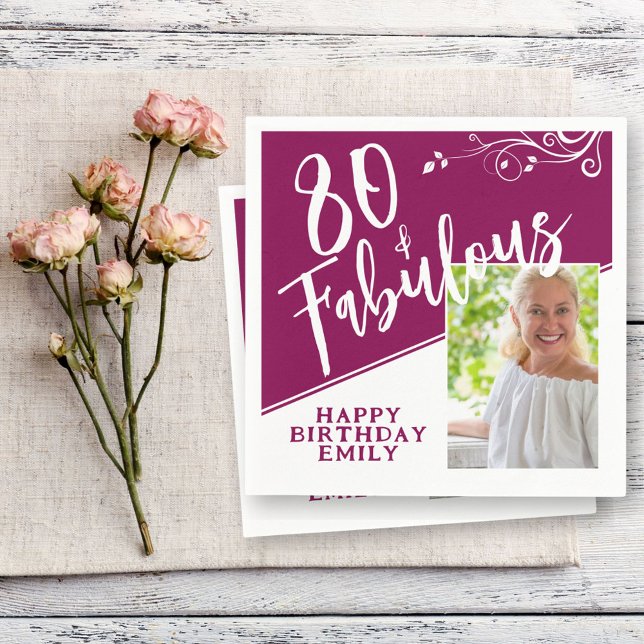 80 and Fabulous Script Photo Magenta 80th Birthday Napkin (Creator Uploaded)