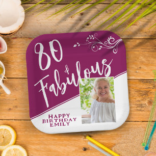 80 and Fabulous Script Photo Magenta 80th Birthday Paper Plate