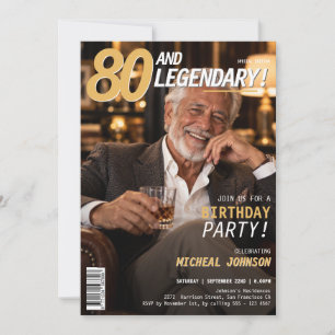 80 and Legendary Men Magazine Cover 80th Birthday Invitation