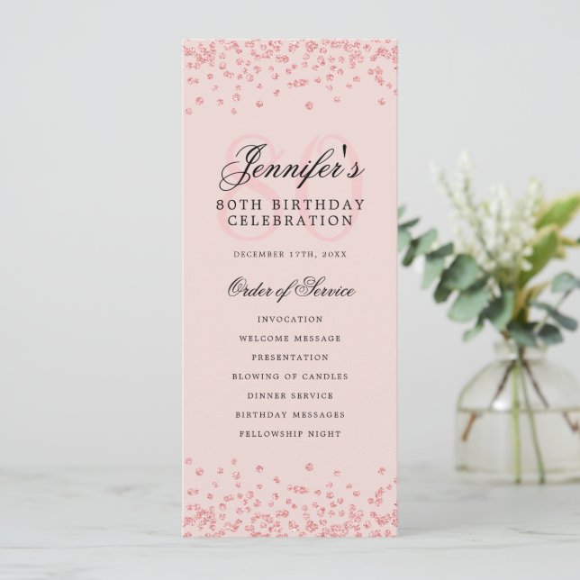 80 Birthday Program Rose Gold Confetti Menu Blush (Standing Front)