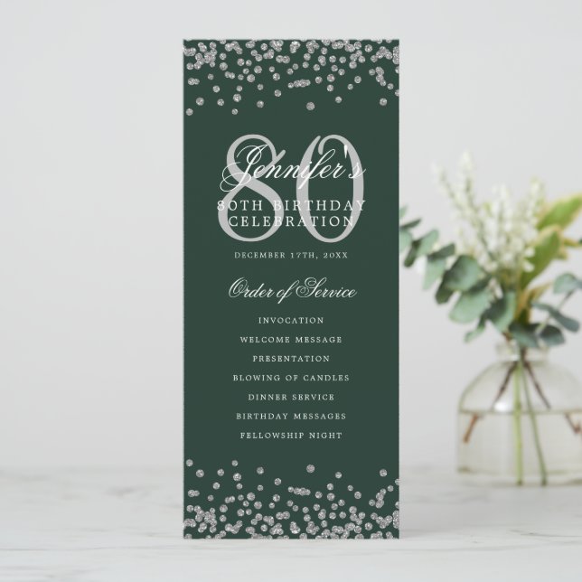80 Birthday Program Silver Confetti Menu Green  (Standing Front)