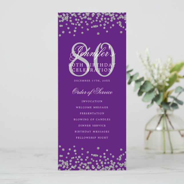 80 Birthday Program Silver Confetti Menu Purple  (Standing Front)