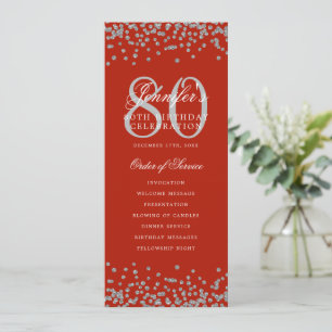 80 Birthday Program Silver Confetti Menu Red 