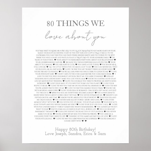 80 choses que nous aimons de vous affiche (Devant)
