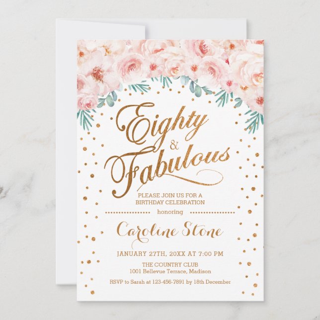 80 Fabulous Birthday Party - White Gold Pink Invitation (Front)