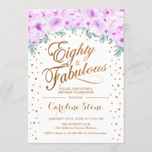 80 Fabulous Birthday Party - White Gold Purple Invitation