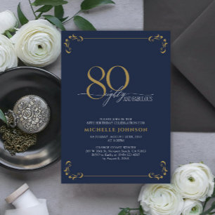 80 & Fabulous Blue & Gold Calligraphy Birthday Invitation