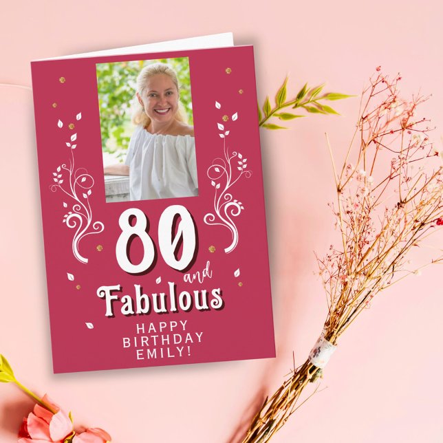 80 & Fabulous Foliage Magent 80th Birthday Photo  Card (Creator Uploaded)