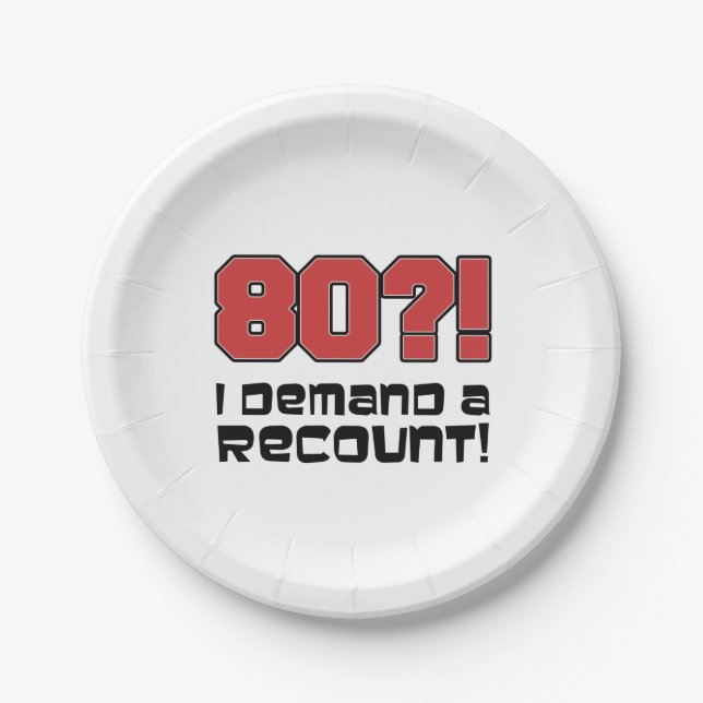 80?! I Demand A Recount Funny Eightieth Birthday Paper Plate (Front)