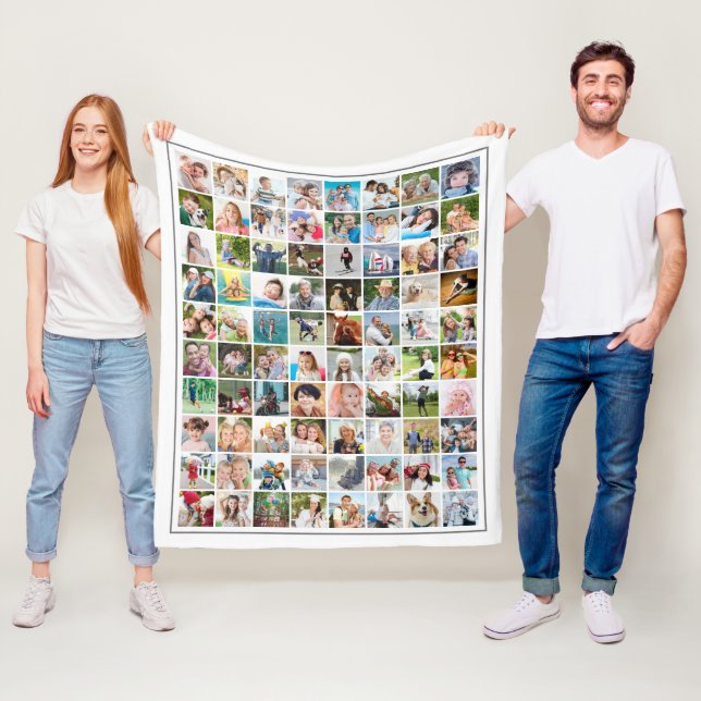80 Photo Collage Template Personalized White Fleece Blanket (In Situ)
