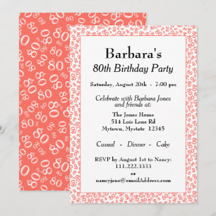 80 Random Number Pattern Coral/White 80th Invitation