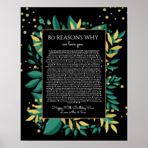 80 reasons why we love you teal black gold poster