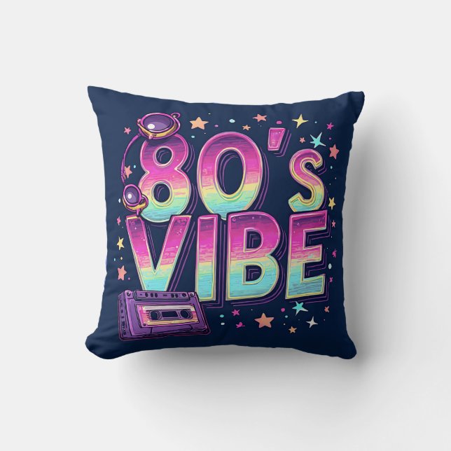 80’s Vibe Throw Pillow – Neon Cassette and Galaxy  (Front)
