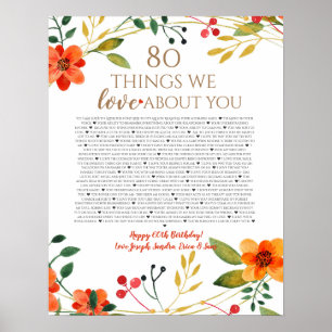 80 things we love about you orange flowers poster