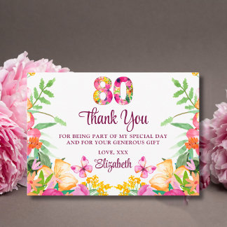 80 Years Floral Flowers - Butterfly 80th Birthday Thank You Card