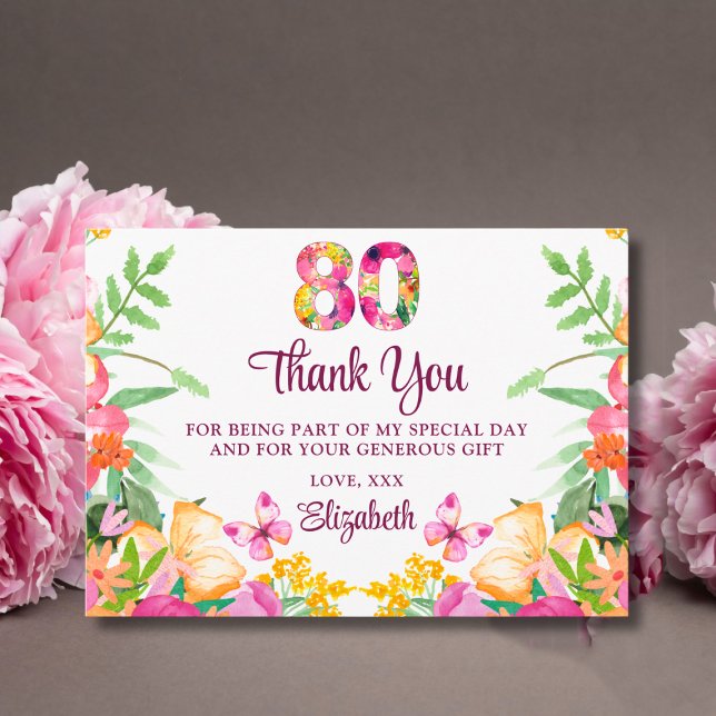 80 Years Floral Flowers - Butterfly 80th Birthday Thank You Card (Creator Uploaded)
